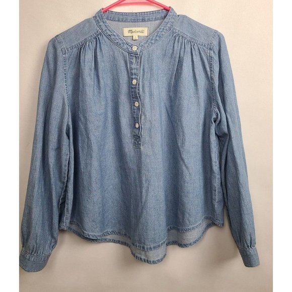 Madewell Tops - Madewell Blue Denim Chambray 1/4 Button Long Sleeve Top Blouse Size Small